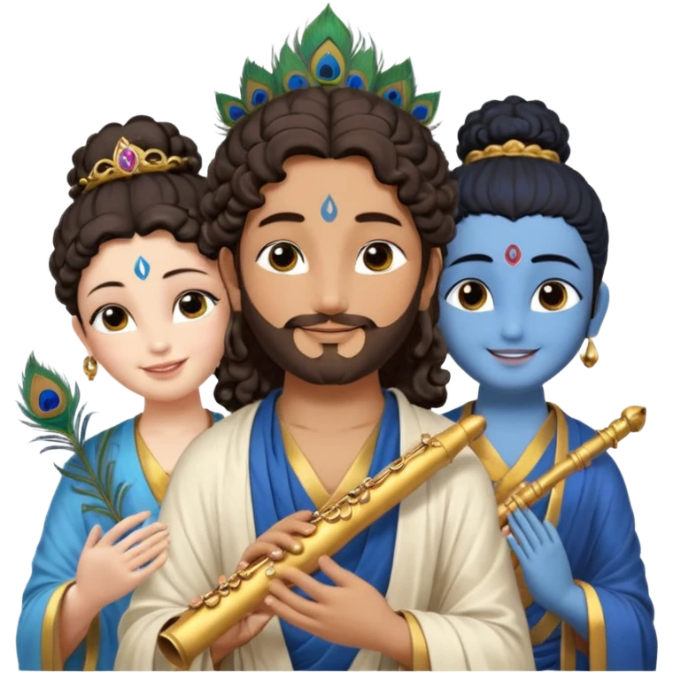 Create a Jesus, Krishna, and Buddha standing together. Buddha: warm golden or light tan skin, dark curled hair with a traditional top bun (ushnisha), half-closed meditative eyes

 emoji