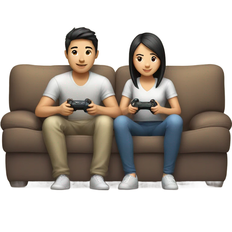 Cute Asian Couple sitting together and having fun playing video games emoji