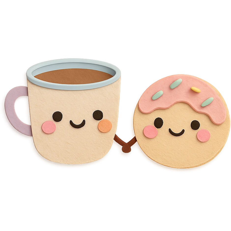 cute coffee cup and donut holding hands, blushing cheeks, soft pastel kawaii style, transparent background emoji