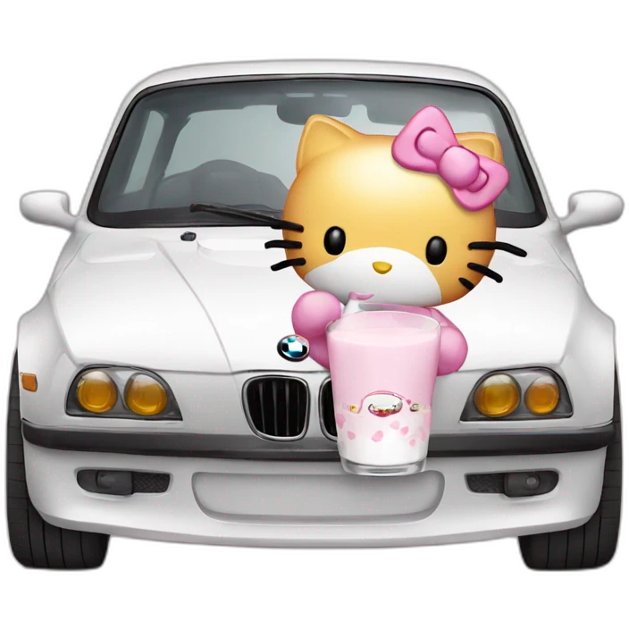 Hello Kitty drinking milk from a clear glass and driving a pink BMW emoji