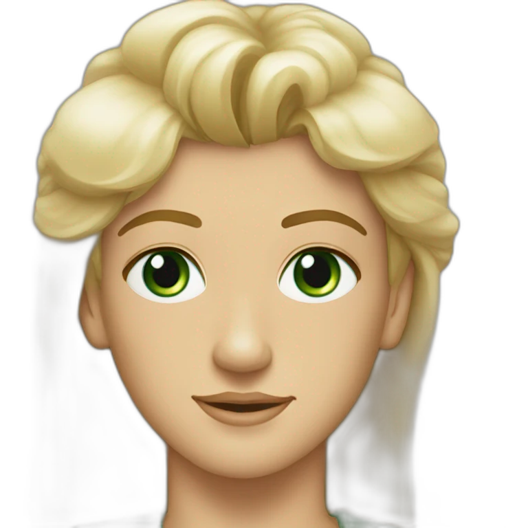Mel Gibson and woman blond square staright haire with fringe and green eyes emoji