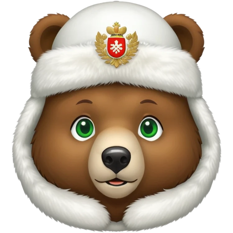 Cute brown bear head with green eyes, wearing white fur ushanka hat with prominent Russian Federation coat of arms on front, iOS emoji style emoji