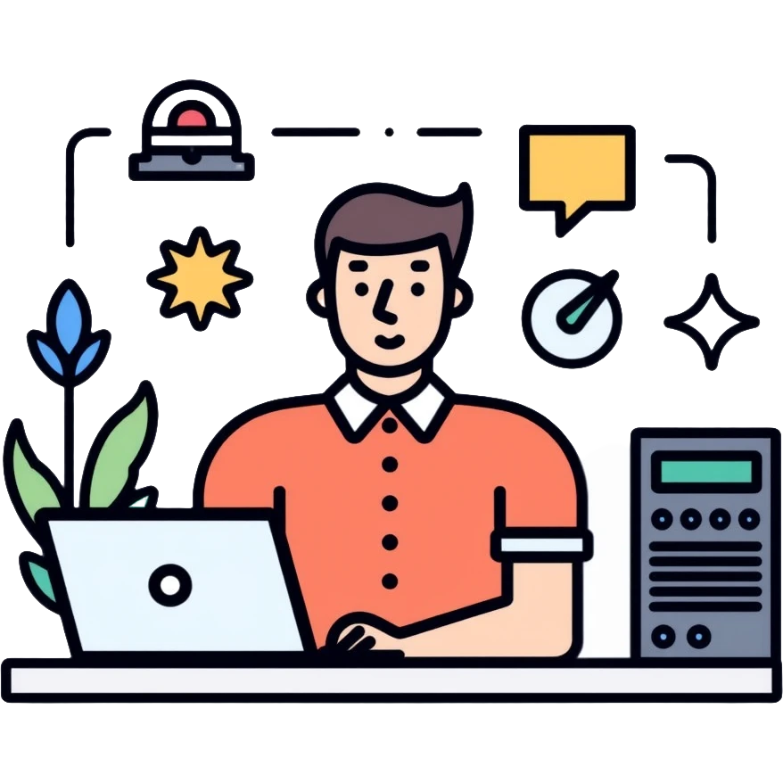 Middle IT Specialist with laptop and desktop, dual monitors, more advanced tools emoji