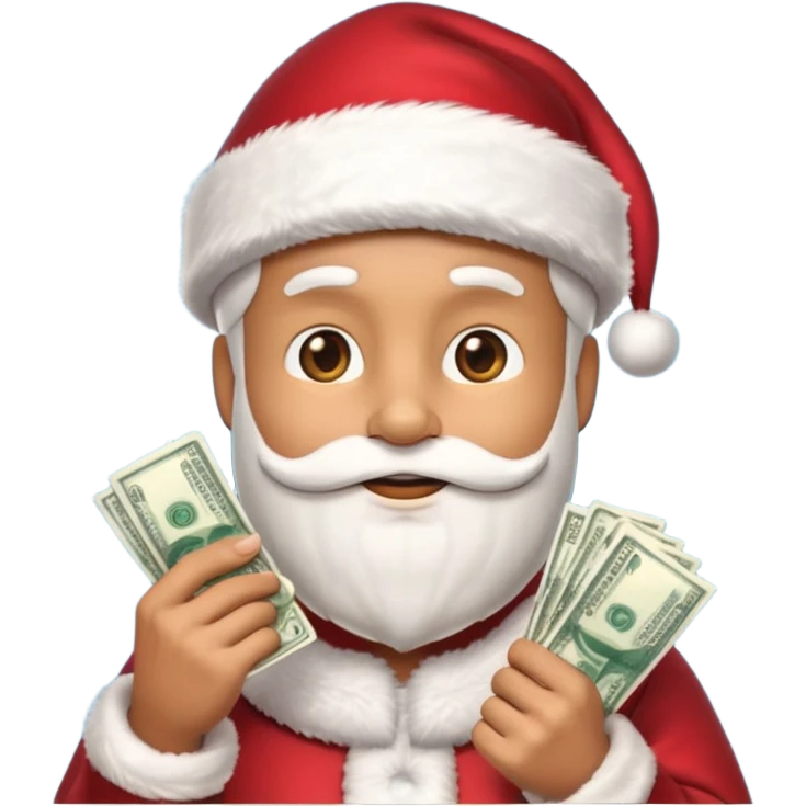 A confident rich emoji face wearing a Santa hat, money stacks, casino vibe, New Year theme, premium 3D emoji style, sharp details, no text, isolated on transparent background emoji