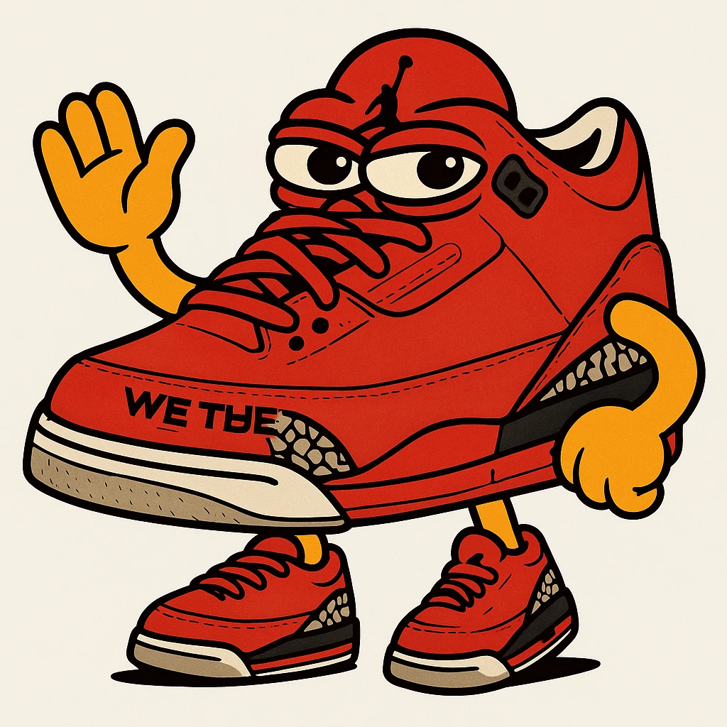 Red DJ Khaled Grateful Air Jordan 3 sneaker with yellow cartoon arms and legs, waving with one hand, matching the style of the green character. emoji