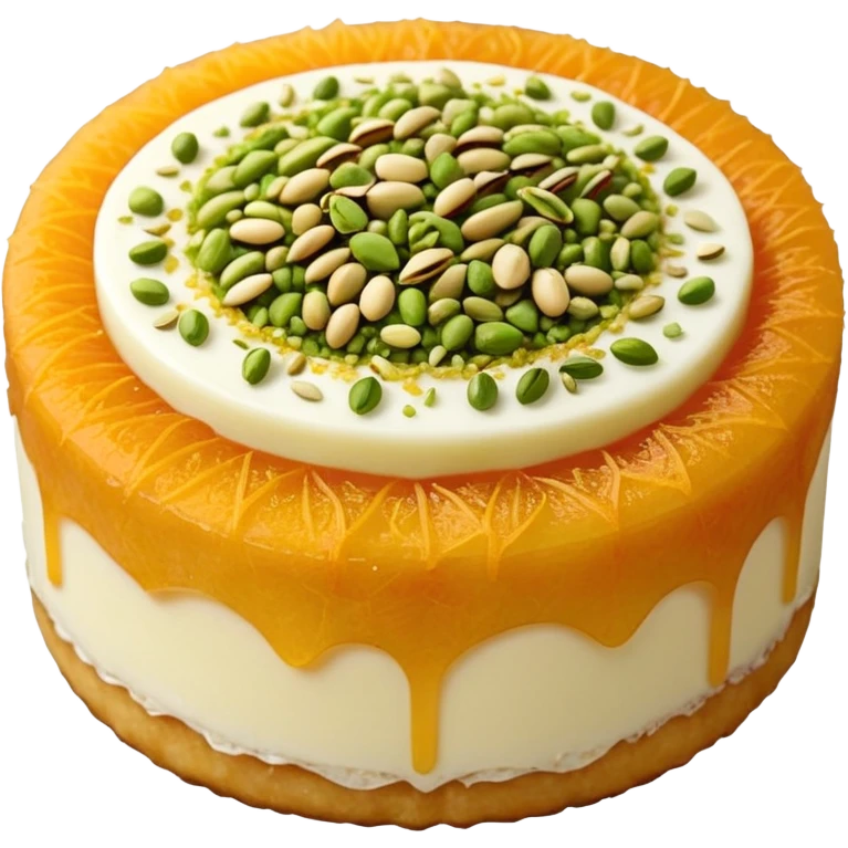 A small round emoji of traditional kanafeh with golden-orange crispy threads, a gooey white cheese center, and a light sprinkle of green pistachios. Warm and delicious-looking. emoji