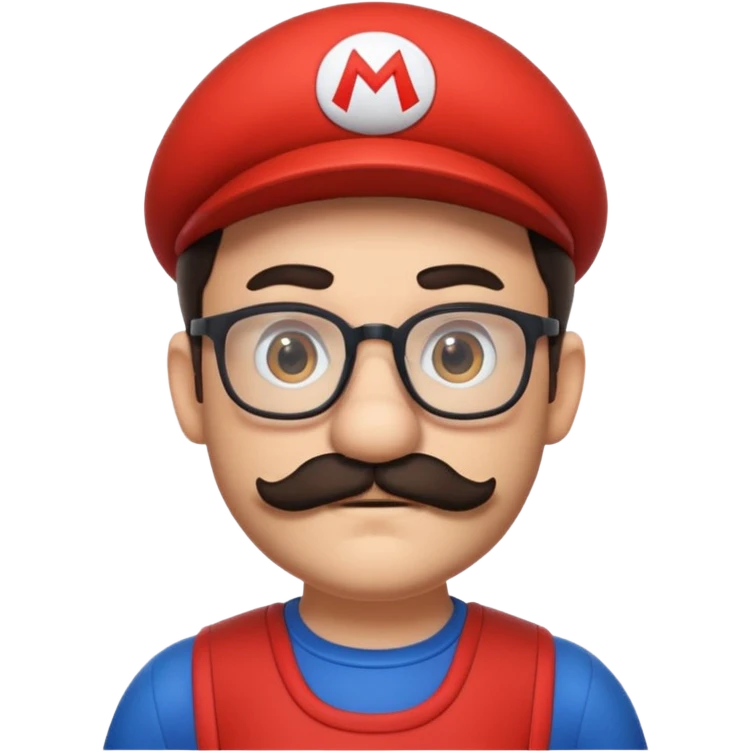 person with glasses, short dark hair, mustache and beard, dressed as Mario from Super Mario emoji