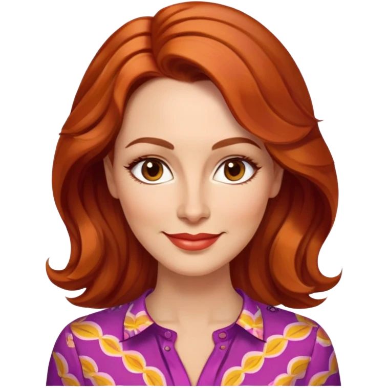Woman in her 40s with elongated face, soft features, prominent cheekbones, friendly warm smile, medium almond-shaped brown eyes, defined eyebrows, straight nose, medium lips, vibrant red wavy hair, wearing a colorful blouse emoji
