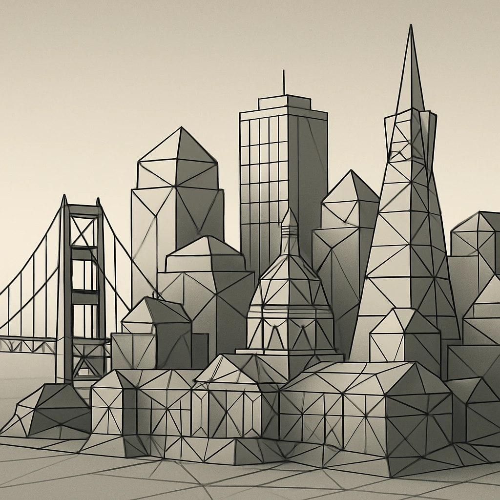 {
  "style_description": {
    "name": "Low Poly Wireframe",
    "overall_look": "Geometric abstraction with visible polygonal mesh edges and a minimal, digital aesthetic",
    "geometry": {
      "shape_type": "triangles and quadrilaterals forming faceted surfaces",
      "structure": "low-resolution polygon meshes with flat faces",
      "edge_visibility": "clear, sharp wireframe outlines around each polygon",
      "dimensionality": "3D-like forms created through flat shading and edge contours"
    },
    "linework": {
      "type": "thin or semi-bold outlines tracing all edges of the mesh",
      "style": "uniform or slightly stylized (e.g., dotted or glowing lines)",
      "color": "typically black, dark gray, or color-matched for contrast"
    },
    "color": {
      "application": "solid flat colors per polygon, without gradients",
      "palette_type": "limited, often monochromatic or with tonal variation per face",
      "highlighting": "minimal shading to emphasize surface depth without realism"
    },
    "lighting": {
      "approach": "ambient or directional lighting used sparingly to add dimension",
      "avoid": ["soft shadows", "complex reflections", "photorealism"]
    },
    "background": {
      "style": "plain or gradient backdrop to contrast mesh clarity",
      "consistency": "flat and neutral to preserve focus on wireframe structure"
    },
    "render_constraints": {
      "avoid": ["smooth surfaces", "rounded curves", "realistic textures"],
      "focus_on": ["polygon edges", "angular forms", "mesh clarity"]
    },
    "subject_treatment": {
      "representation": "simplified, stylized forms with clear geometry",
      "emphasis": "structure, volume through form and edge"
    }
  }
}

{subject} = san francisco emoji