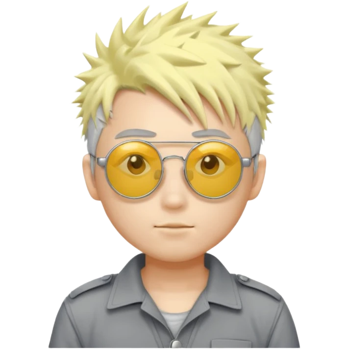 A japanese guy with white messy spiky hair circle sunglasses wearing a uniform gray and a yellow button on the top right of the uniform gray pants emoji