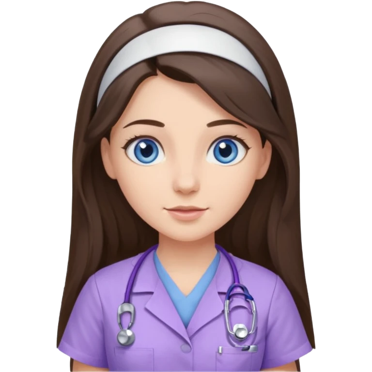 pretty brunette nurse with long hair and blue eyes in lilac scrubs emoji