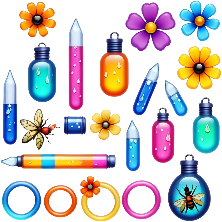 Create an icon that represents decorative arts using epoxy resin. The design should feature colorful tubes of resin, including fluorescent resin tubes, with visible drops or strokes of resin being applied to create intricate designs. Include finished resin jewelry pieces, such as pendants or rings, containing preserved flowers and insects encased in clear resin. The composition should feel vibrant, artistic, and delicate, showcasing the unique beauty of resin art with natural elements. The background should be transparent emoji