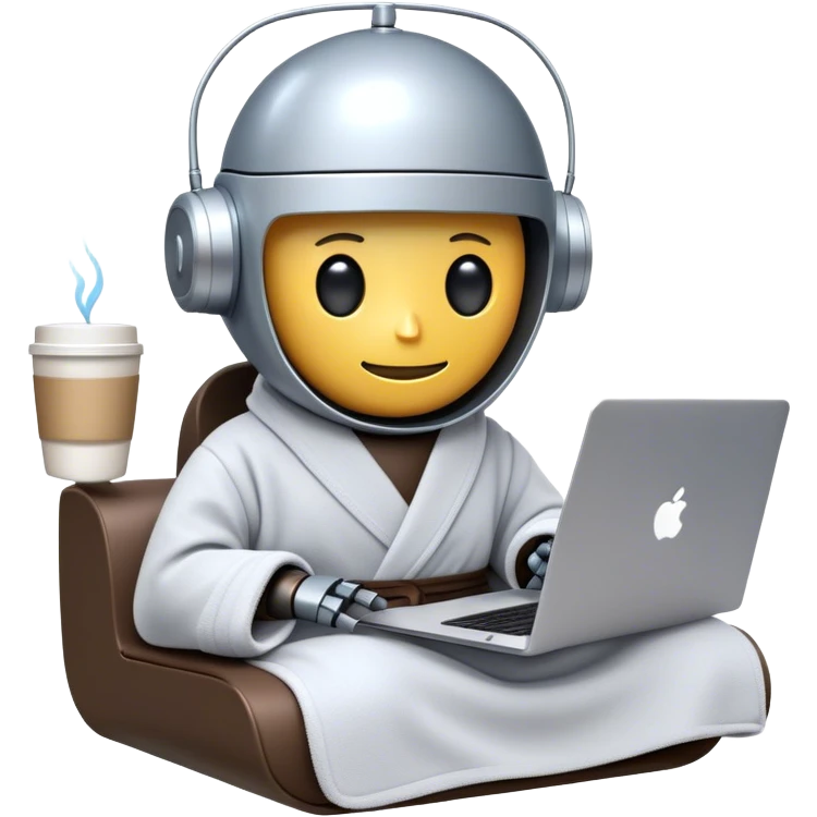 An emoji of a remote-working robot, sitting comfortably with coffee and laptop wrapped in a cozy bathrobe. The robot's head resembles a sleek, futuristic helmet with a smooth, reflective surface. Its eyes are not human-like but rather glowing digital slits or circular LED indicators. emoji