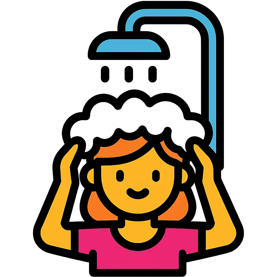 A girl washing her hair in a shower, clean aesthetic emoji