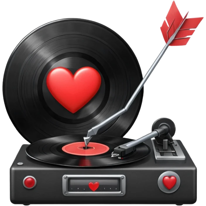 A black vinyl record with a red heart with and arrow through it on it on a record player  emoji