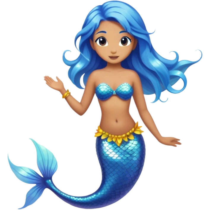 Cinematic Realistic Blue Hair Mermaid Portrait, depicted with lifelike, sun-kissed tanned skin that exudes a warm, radiant glow under gentle underwater lighting. Her intricately detailed, flowing blue hair cascades like a waterfall of ocean hues, framing deep, mesmerizing eyes that capture the vibrant spirit of the sea. Adorned with a shimmering tail and delicate tropical accents, the portrait features an enchanting underwater glow that blends realism with mythic coastal allure. emoji