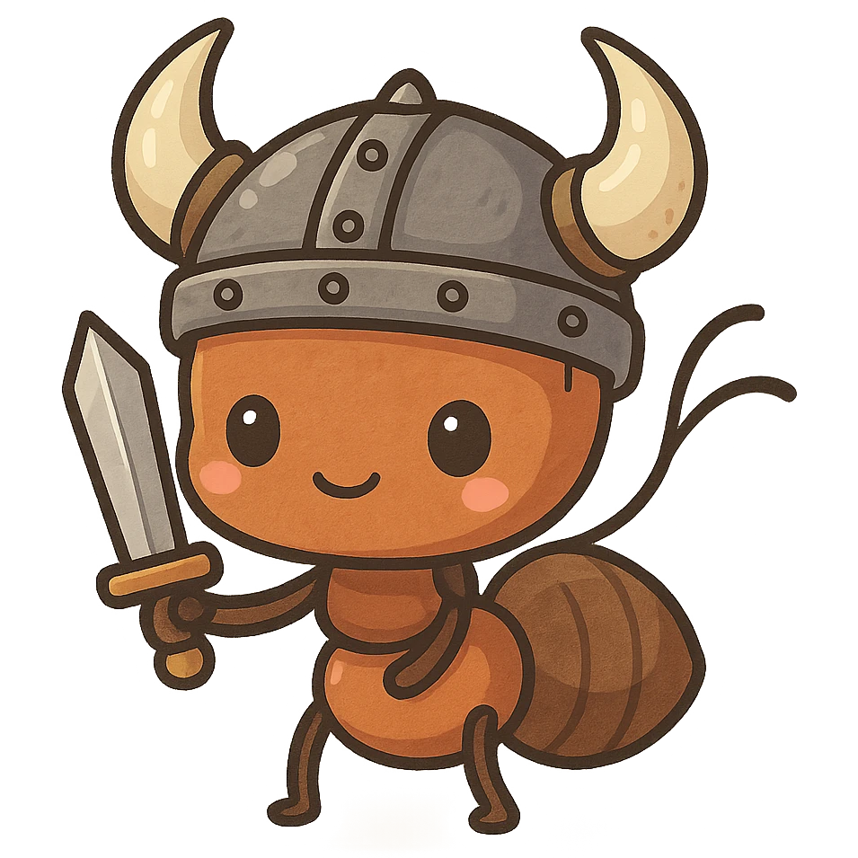 viking warrior ant, horned helmet, sword, cute and chibi style emoji
