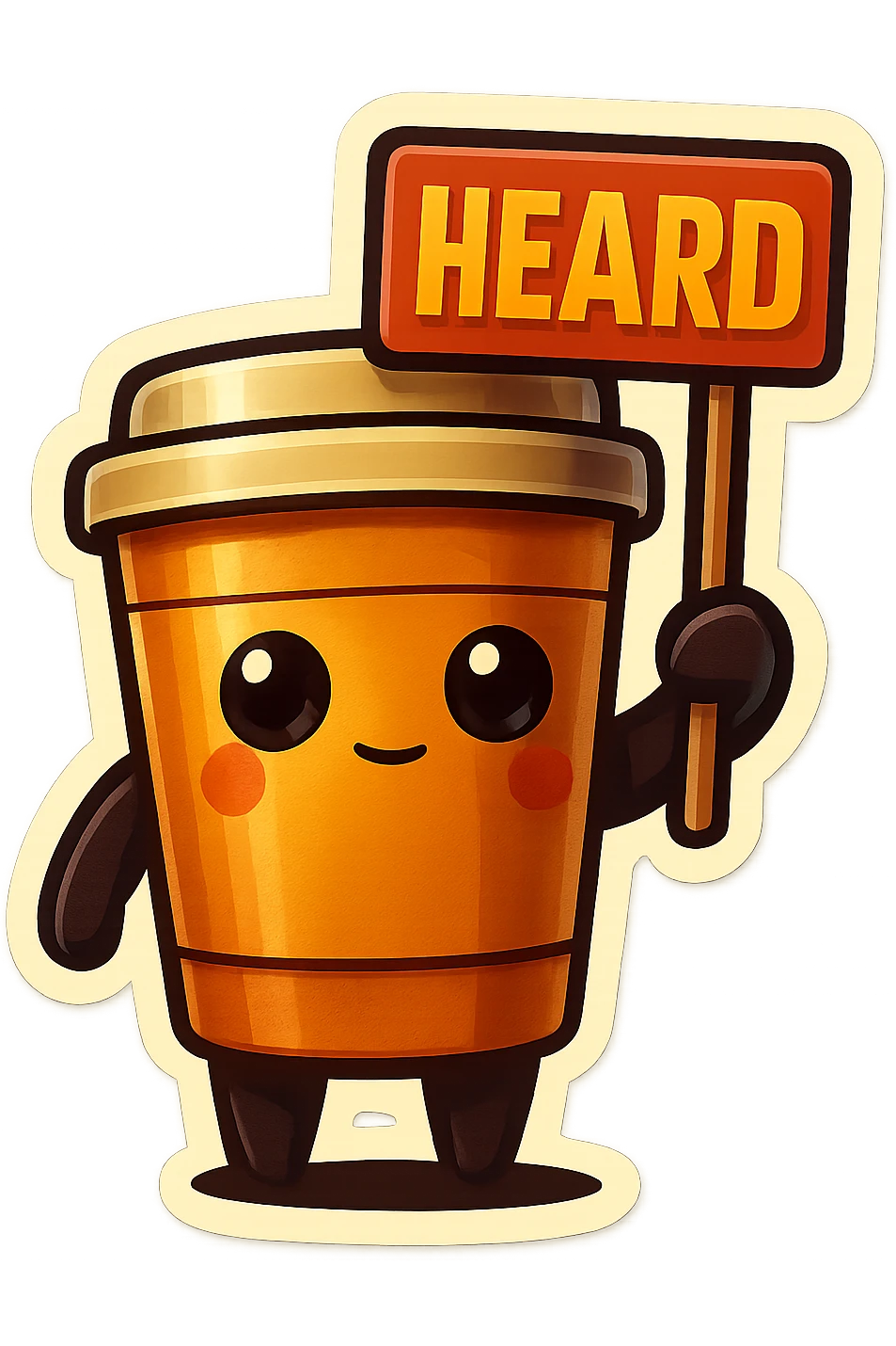Tall coffee cup, no mouth, holding sign "heard" emoji