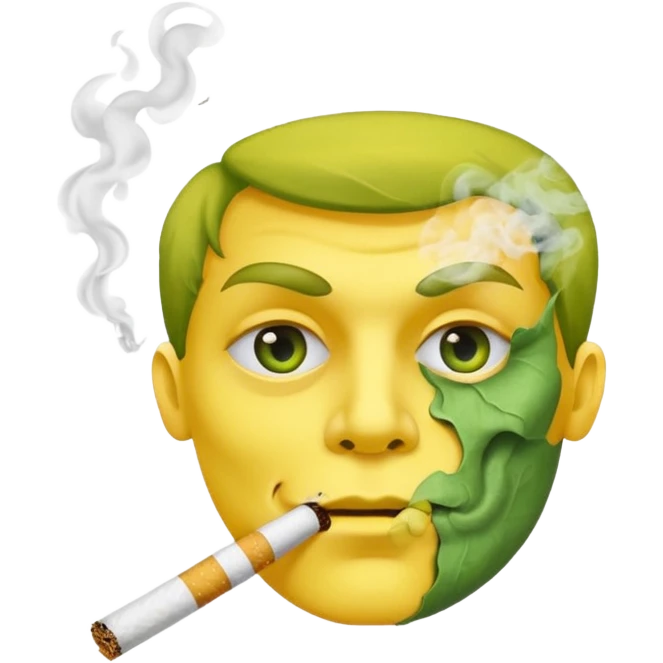 Hazme una carita amarilla aturdida con un cigarro en la boca soltando humo, el cigarro es de papel de liar y dentro está relleno de un tabaco verde emoji