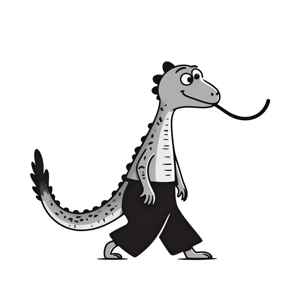 A komodo dragon walking with its tongue out, simple hand-drawn style emoji