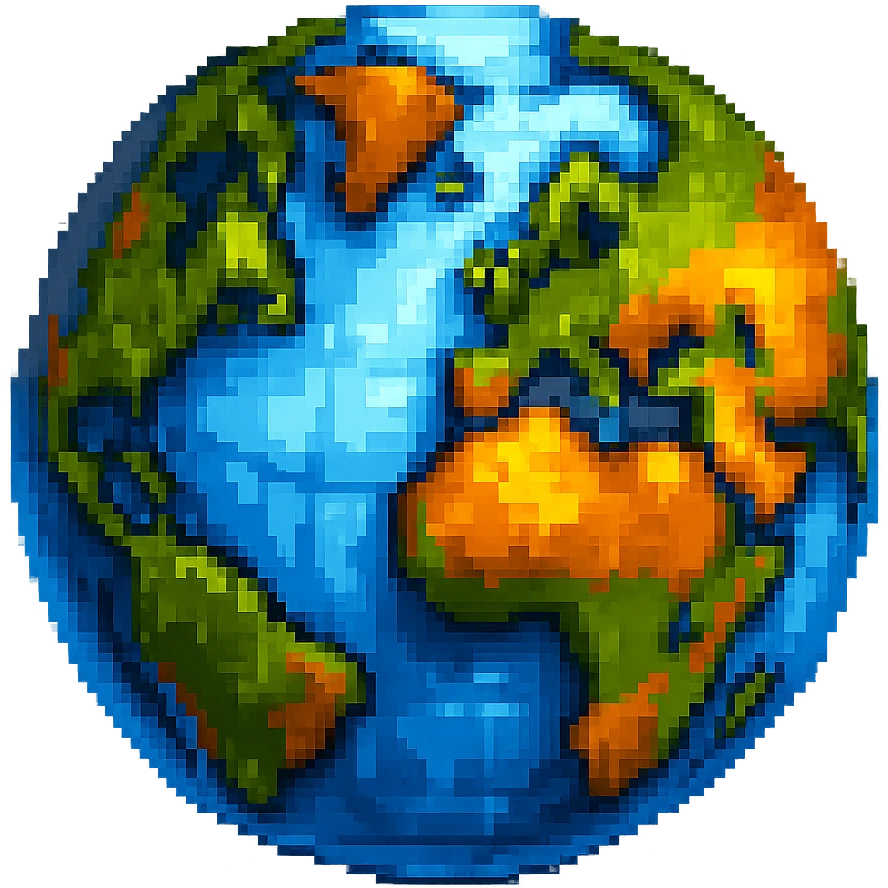 Add more 3D depth and shading to this pixel art globe icon, enhance highlights and shadows, keep background transparent, maintain pixel art style with enhanced 3D effect and lighting. emoji