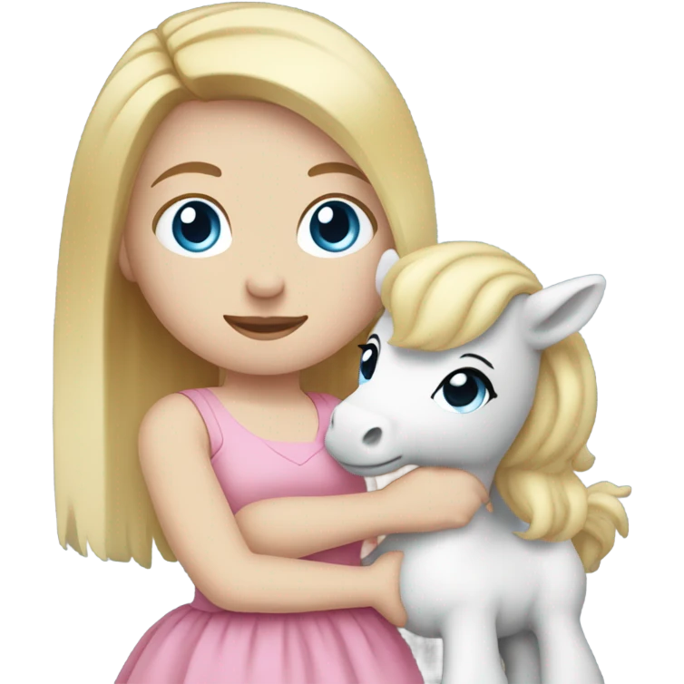 Blonde, pale skin, blue eyes girl wearing a pink dress cuddling her pony stuffed animal. emoji