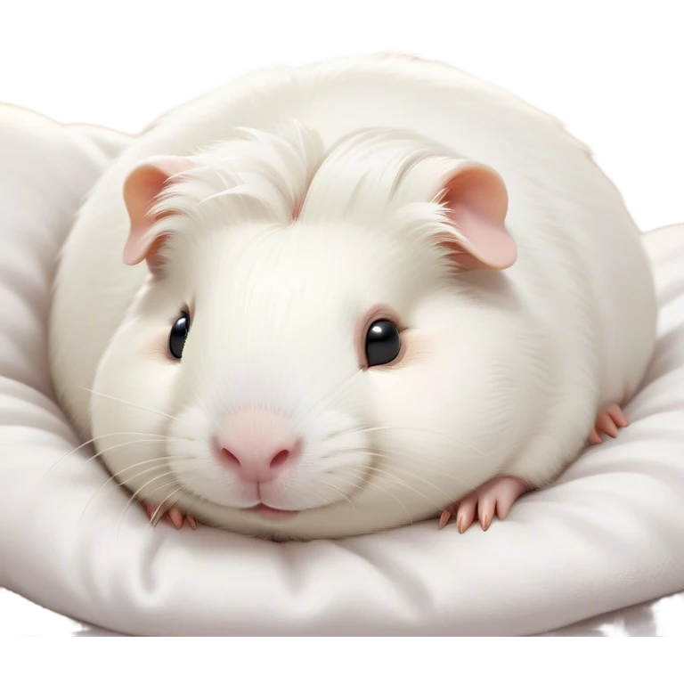 Meme-Worthy Cute Sleeping White Guinea Pig Portrait Emoji, Head resting peacefully with a contented smile, showcasing a delightfully chubby build and a luxuriously soft pure white fur, eyes shut in a serene, cozy nap, Simplified yet hilariously adorable features, highly detailed, glowing with a soft, drowsy light, high shine, relaxed and utterly lovable, stylized with an air of playful laziness, bright and heartwarming, soft glowing outline, capturing the essence of a comically sleepy guinea pig, so meme-worthy it feels like it could instantly become the next viral sensation of adorable slumber! emoji