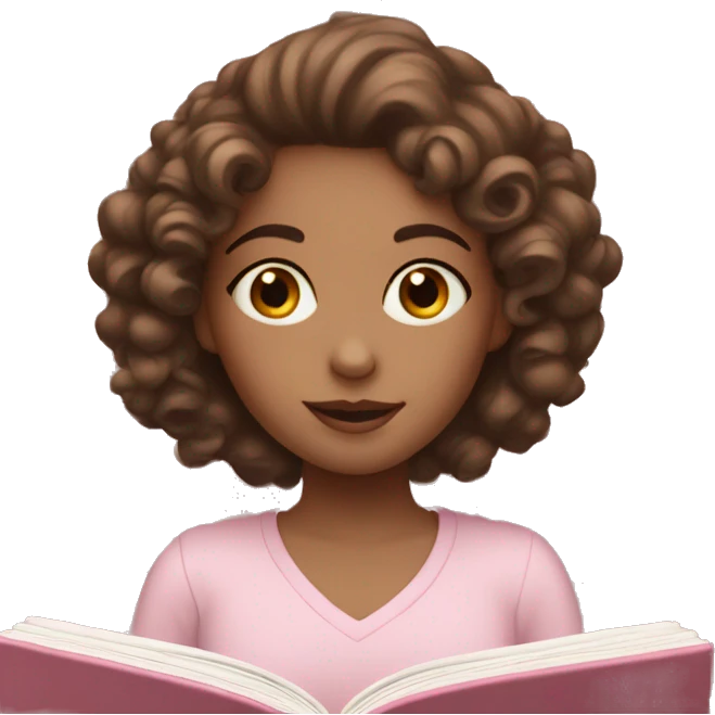 Girl with brown curls and white skin in light pink clothes reading a book emoji