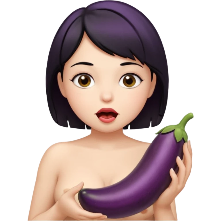 nude girl, big tits, black short hair, the eggplant is deep in his mouth emoji