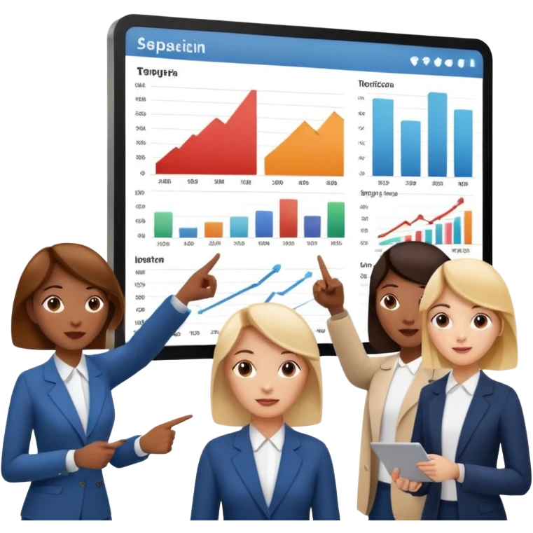 group of people pointing at a digital presentation screnn full of charts and graphs emoji