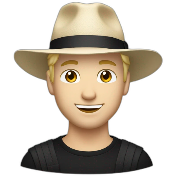 Smirking white man with short blond hair wearing a black Panama hat, and a black adidas long sleeve sweater emoji