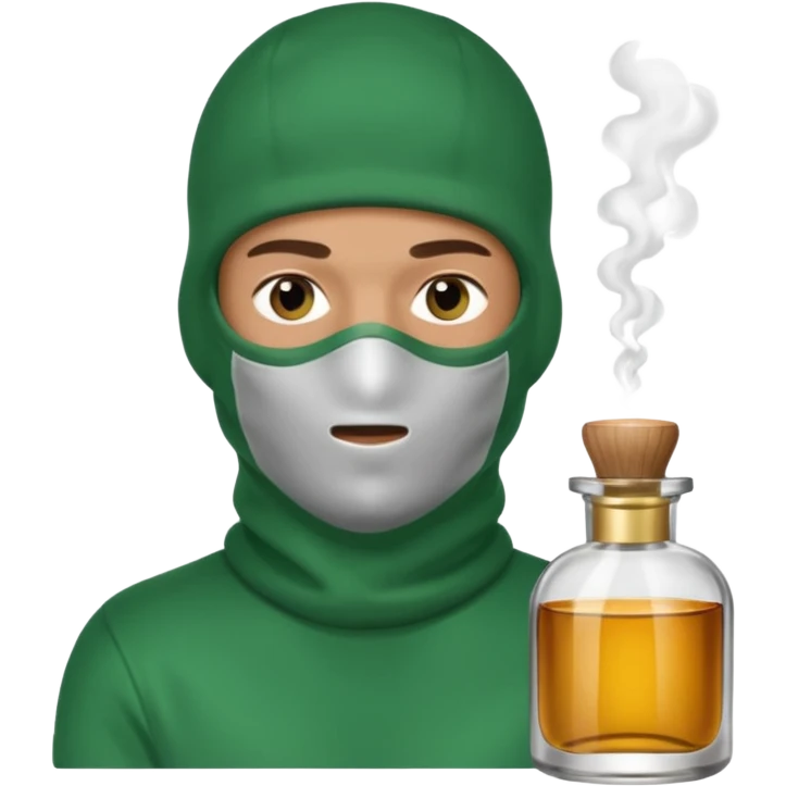 Um homem pele morena com balaclava Baforando lança perfume num vidro mais fino e com tampa verde emoji
