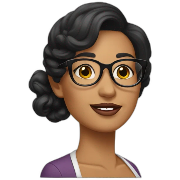 Una mujer de 36 años, piel morena clara, lentes de color blancos, cabello negro ondulado largo, ojos negros, color de labios rosado emoji