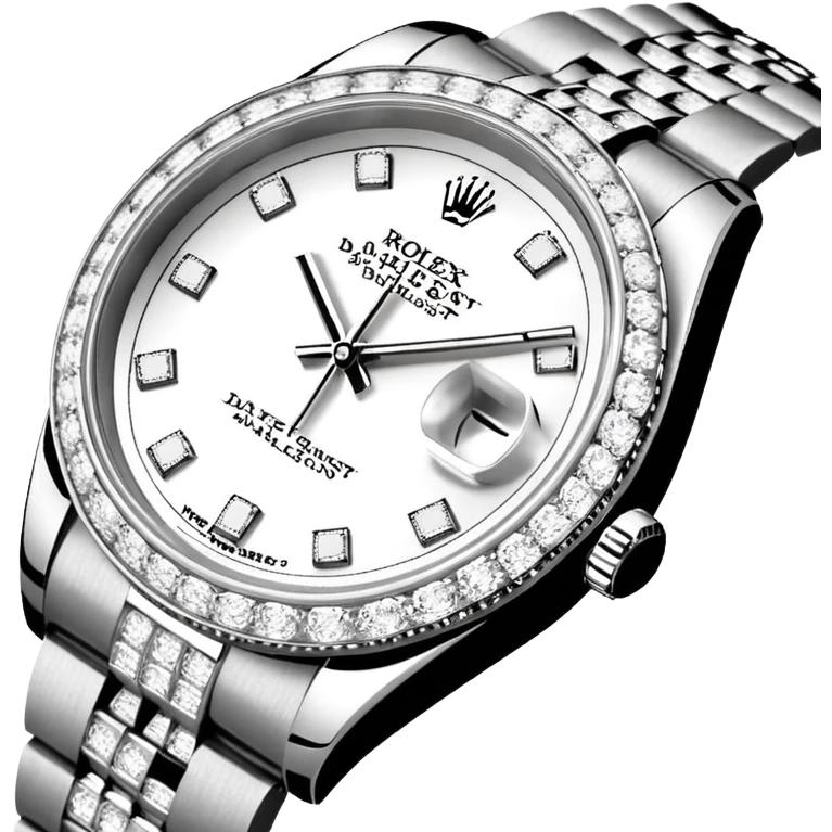 Crie um emoji com essas especificações: Um Rolex Datejust "Iced Out" prateado, totalmente coberto por diamantes na caixa, luneta e pulseira Jubilee. O mostrador possui fundo cravejado com diamantes (pavé), algarismos romanos pretos e lente de aumento na data. emoji