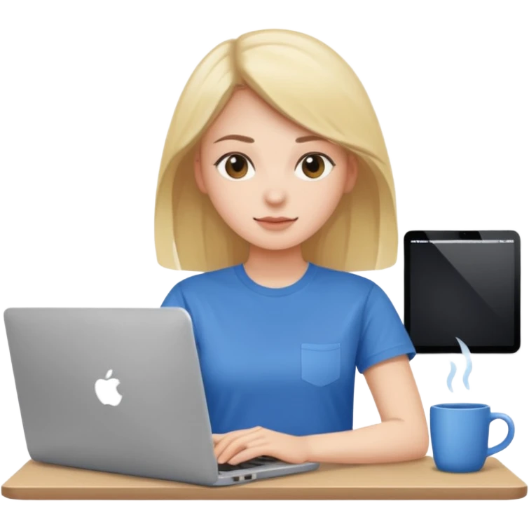 Young woman in front of laptop working from home emoji