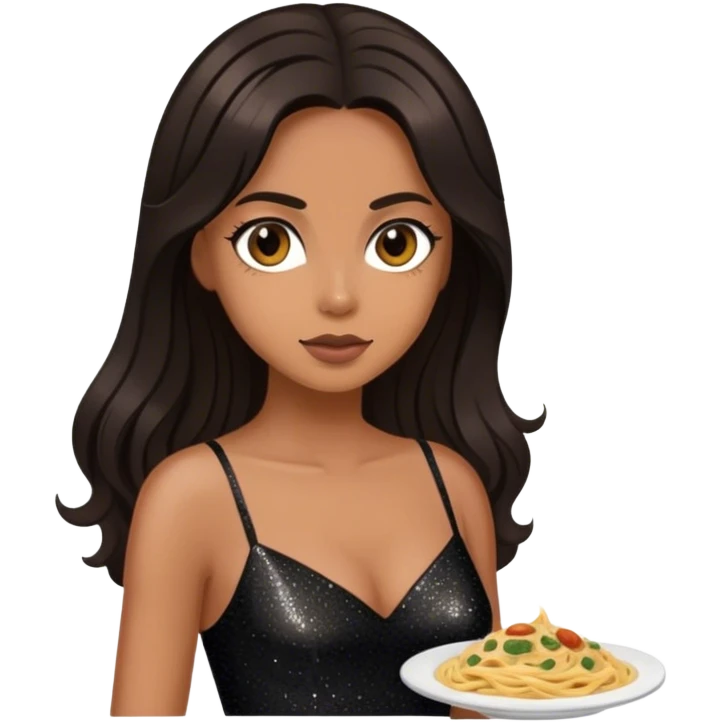 Beautiful woman in 1950’s woman fashion look, black shimmery dress, long dark brown hair, Carbonara emoji