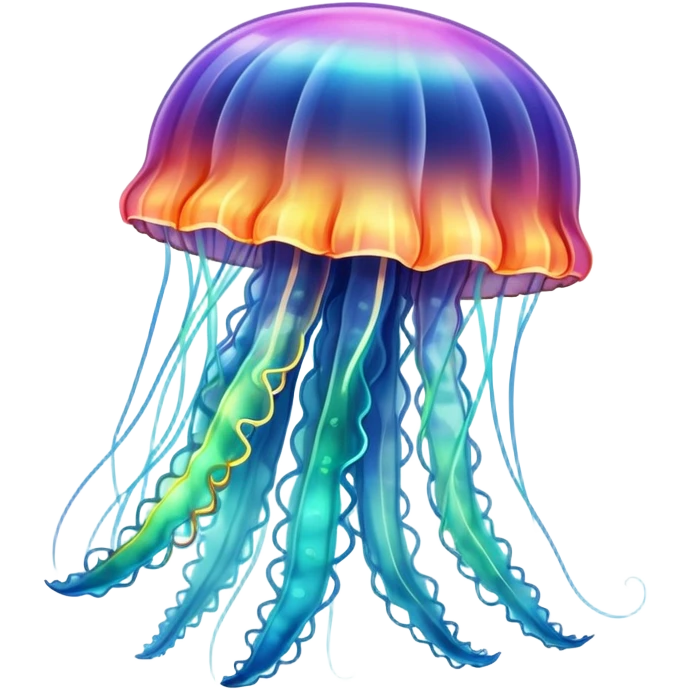 A jellyfish in multicolored hues drifts through the sea, glowing like a living rainbow emoji