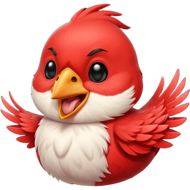 Chibi red male cardinal laughing with eyes closed and beak wide open, soft glowing cheeks, cozy cartoon emoji. emoji