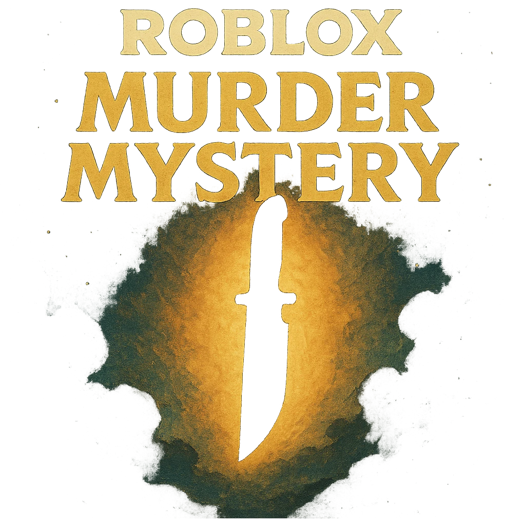 Roblox Murder Mystery logo with dramatic lighting, knife silhouette, ghibli style emoji