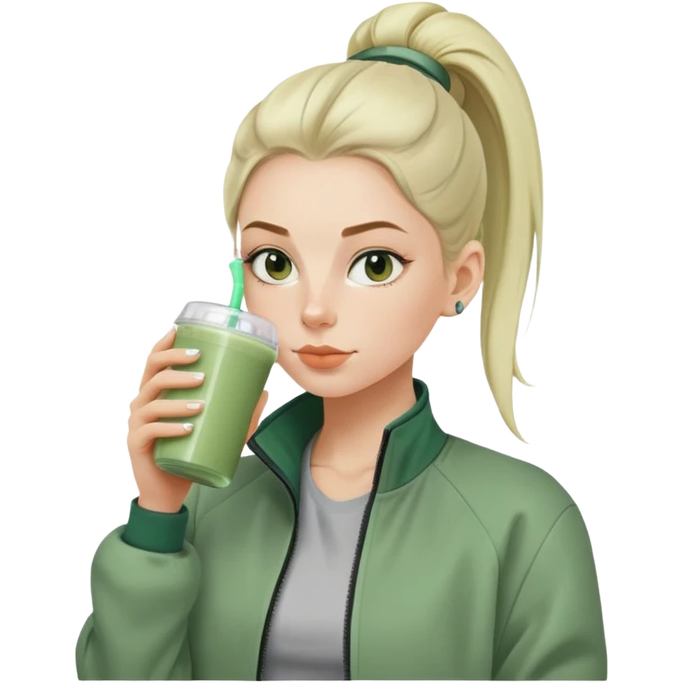 Swedish girl with sage green jacket drinking pre workout shake middle part slick back bun emoji