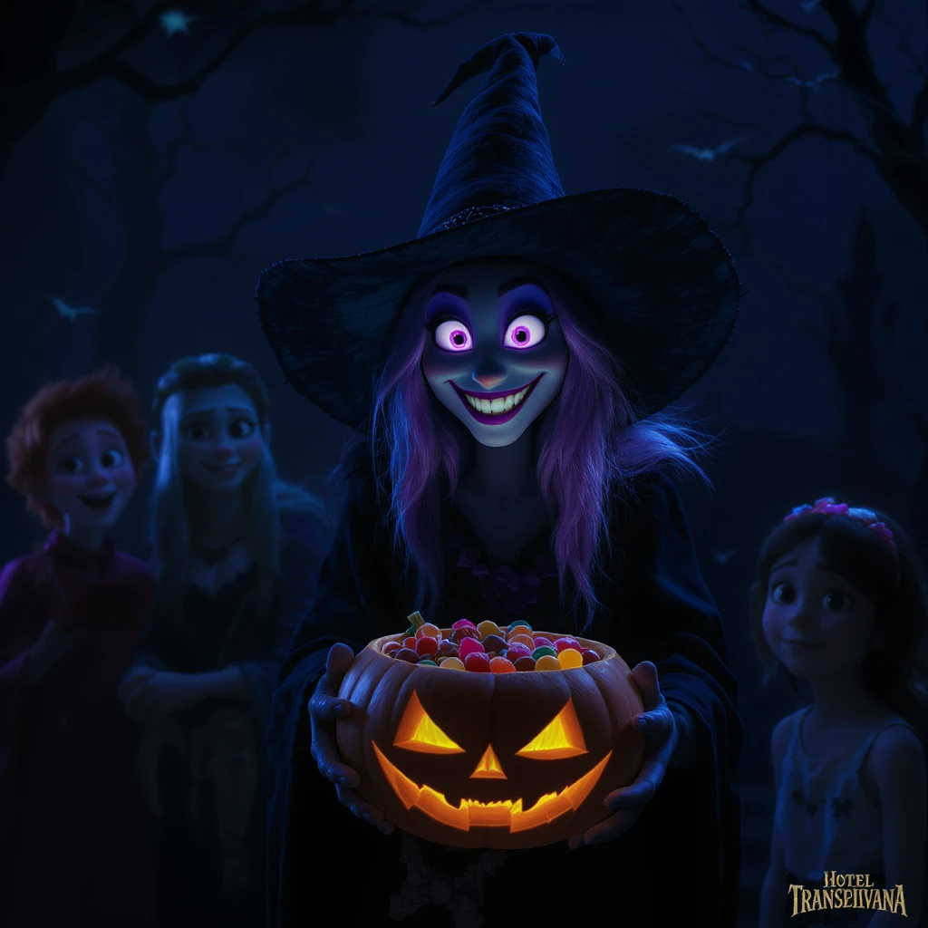 Cinematic still, Happy witch holding pumpkin bowl full of candies, triadal character placement, dark blue color background, back light, Film inspired by Hotel Transylvania, purple light emoji