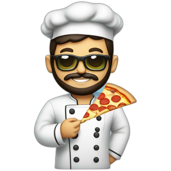 Dark haired chef with beard and big dark glasses holding a slice of pizza emoji