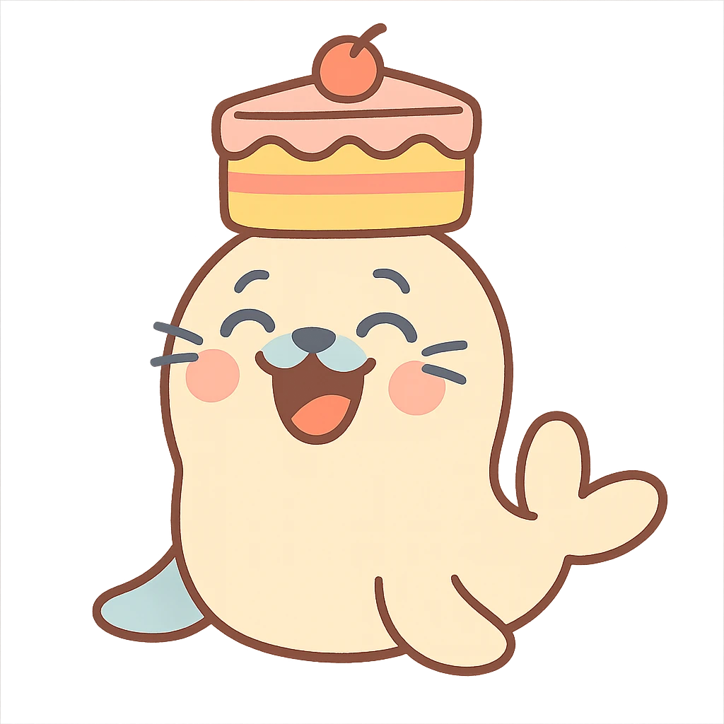 cutie baby seal balancing cake on head with laughing face in pastel-toon style emoji