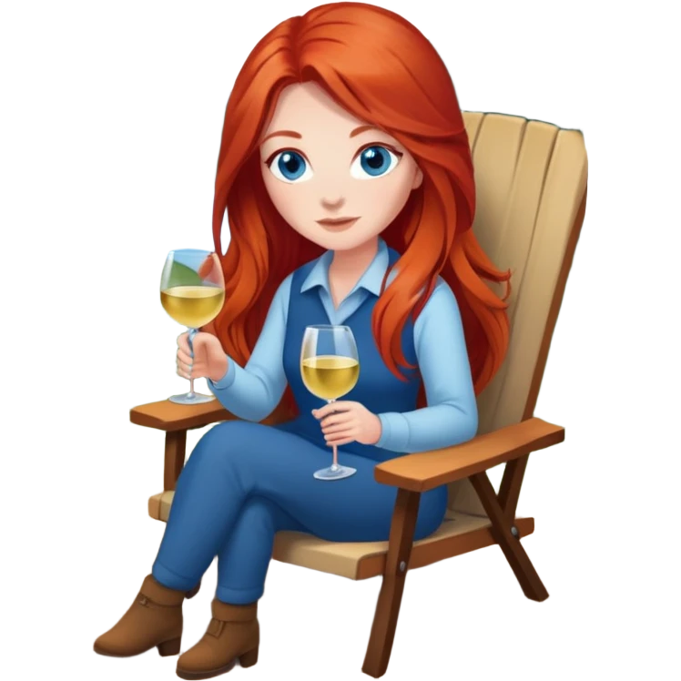 Laughing woman with long red hair and blue eyes holding white wine sitting in chair beside campfire emoji