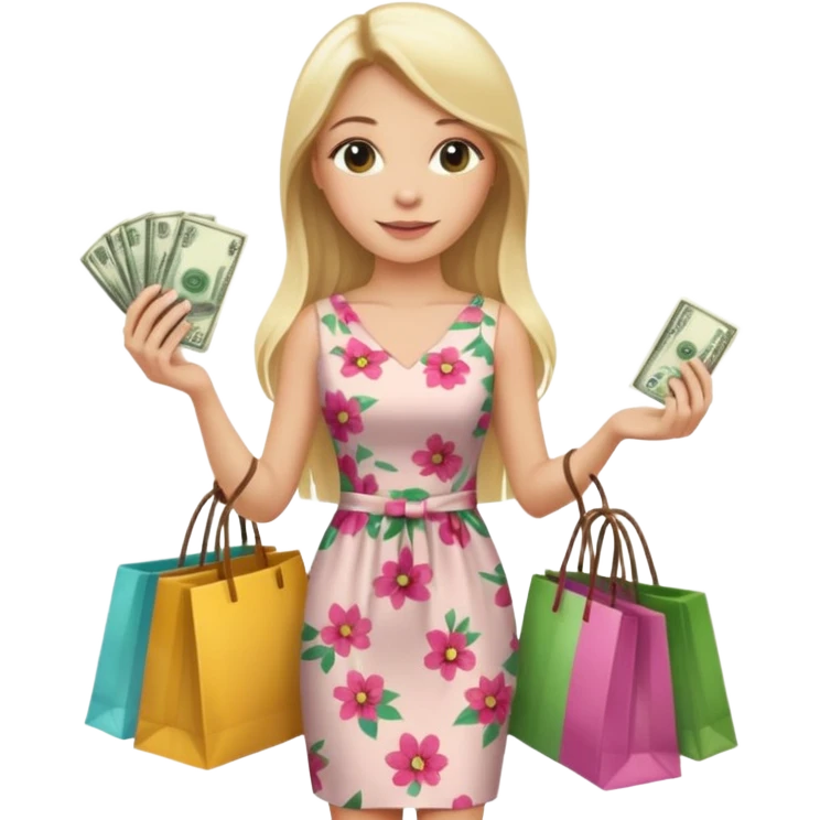 rich long straight hair blonde australian millionare woman holding a lot of money and shopping bags in both hands wearing cute floral dress emoji