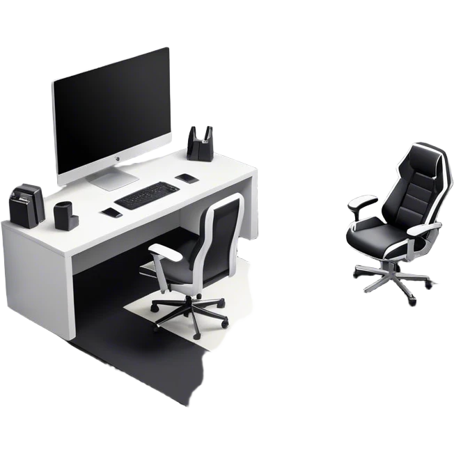 An isometric 3D room with two walls that meet at the back left and right. The floor is made of gray wood. The room is decorated in a modern black and white style. In front of the window is a wide desk with a large monitor and an open laptop, with a black gaming chair next to it. emoji