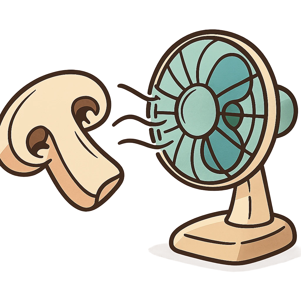 a cartoon style illustration of a sliced mushroom in front of a blowing fan with air movement lines emoji