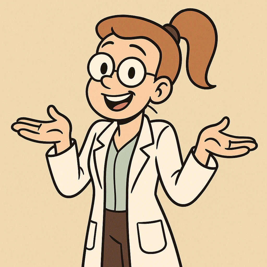 scientist woman shrugging, ponytail, lab coat, cheerful, cartoon style emoji