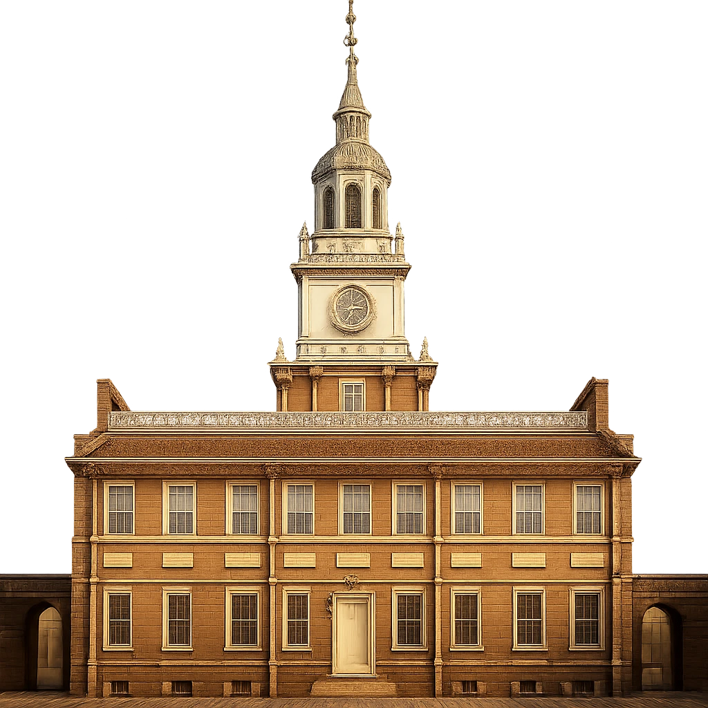 cinematic, realistic emoji of Independence Hall in Philadelphia, straight-on perspective, featuring its iconic Georgian architecture, lifelike detail, bright regal lighting as on a sunny day, accurate building colors emoji