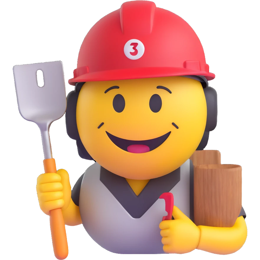 3D smiley emoji, round shape, mason helmet with trowel, smiling face emoji